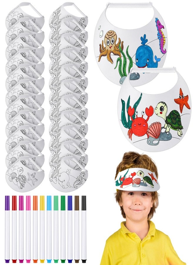 Velmitten 36 Pcs Color Your Own Foam Visors with Marker Pens for Kids Ocean Animals Foam Visors Kids Summer DIY Craft Kit for Children Summer Party Home Activities Fun White - Image 1
